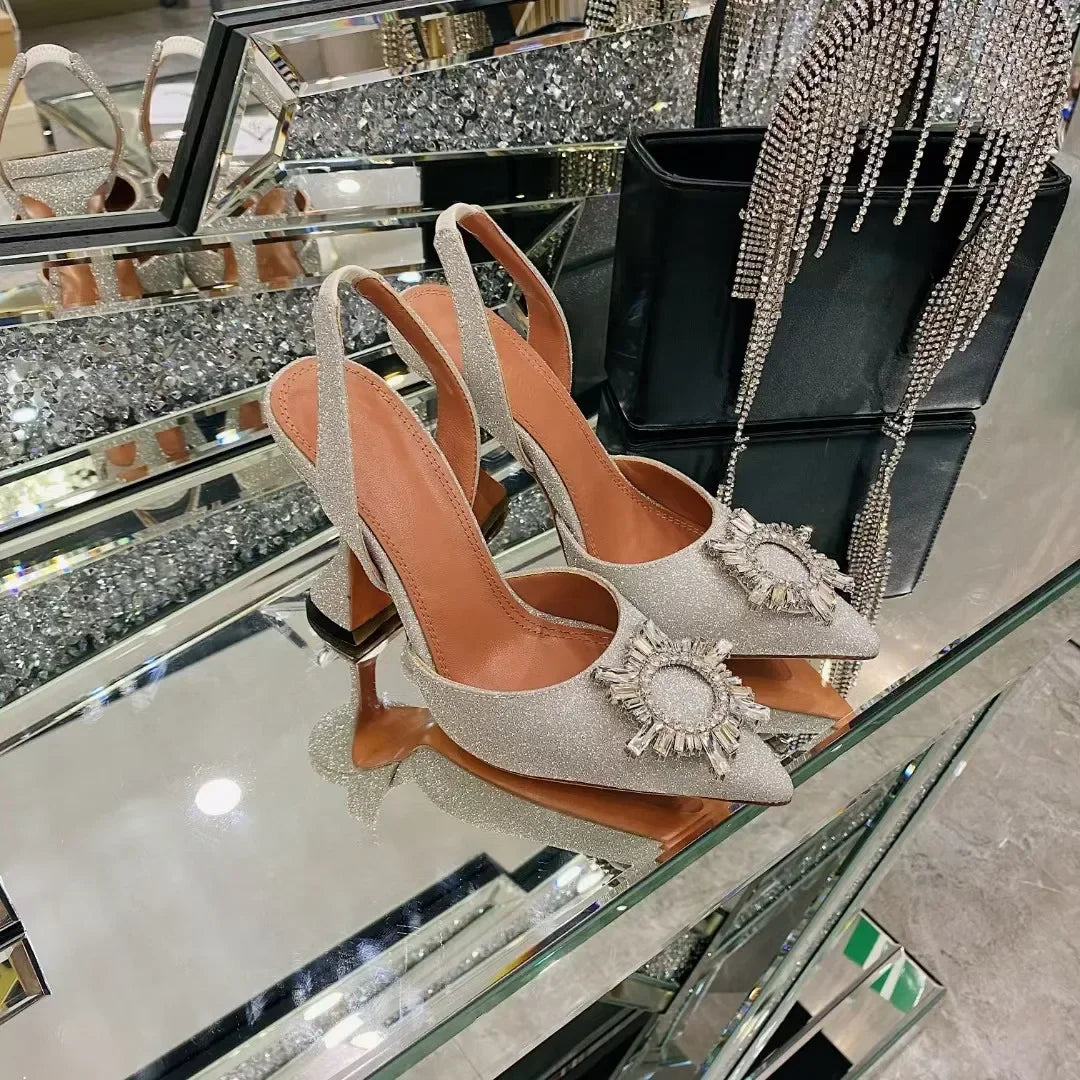 2026 Spring Autumn EU US Satin Slingback Women Sandals Pointed Flared Heels Sun Rhinestone Crystal Wedding Party Dress Heels
