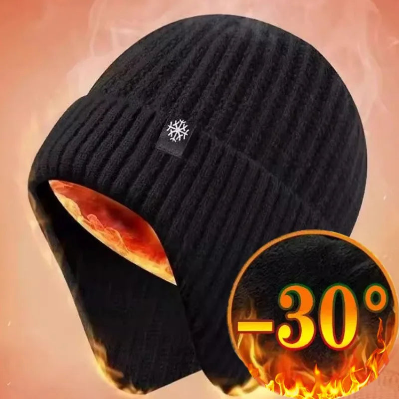 Men Winter Knitted Hat with Neck Scarf Plush Warmth Peaked Cap Earmuff 2025 Fashion Faux Fur Bomber Hats Cycling Ear Protection