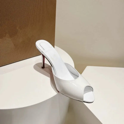 2026 New Black Fish Mouth Ultra High Women's Shoes, Sexy High Heels, Wearing Straight Pointed Lacquer Leather Open Toed Slippers