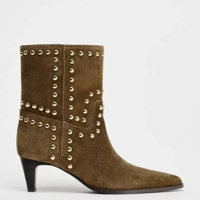 Spring/Autumn 2025 New Retro Women's Shoes Brown Studded Suede Thin Heel Pointed Toe Booties Knight Boots
