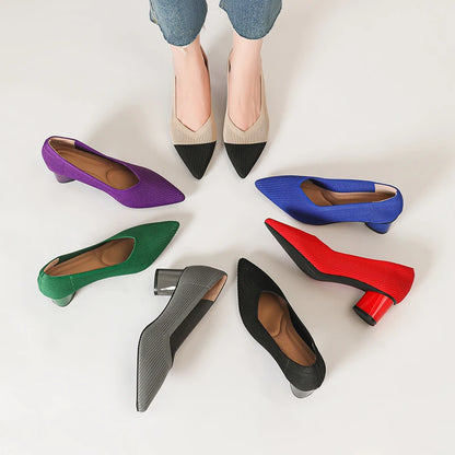 Women's high heels, pointed knit breathable and comfortable shoes (5cm high), new for autumn 2024