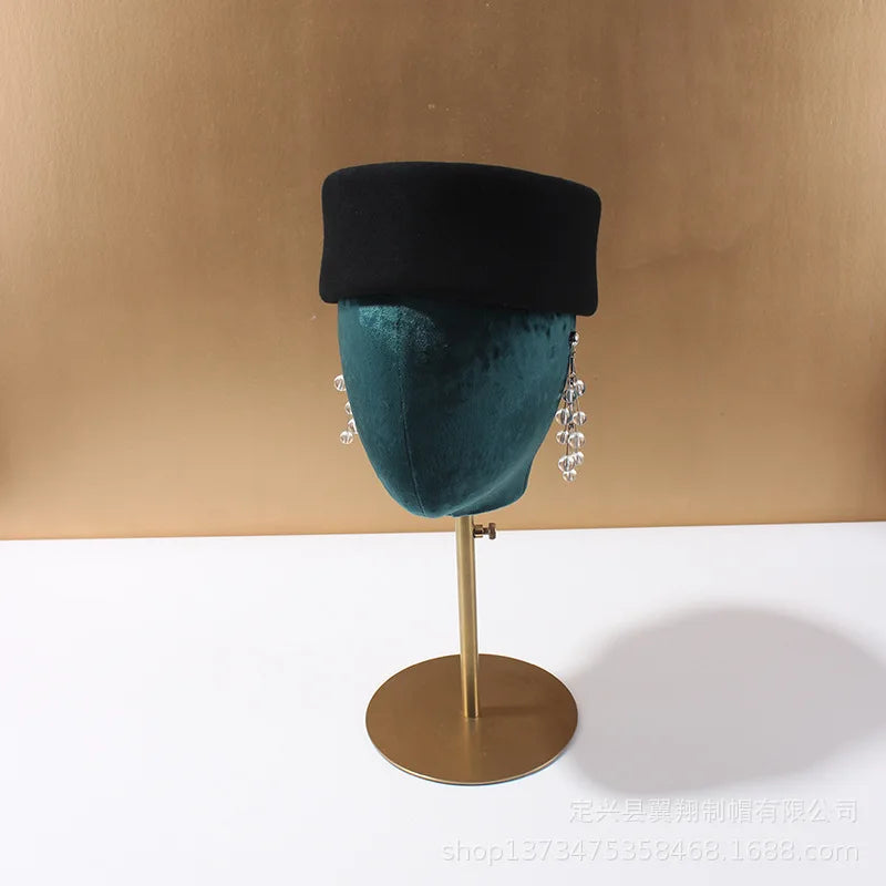 Women Wool Felt Berets Hat Vintage Hard Top Concave Top Fedoras Hats Wedding Fascinator Hats Wedding Cocktail Party Pillbox Cap