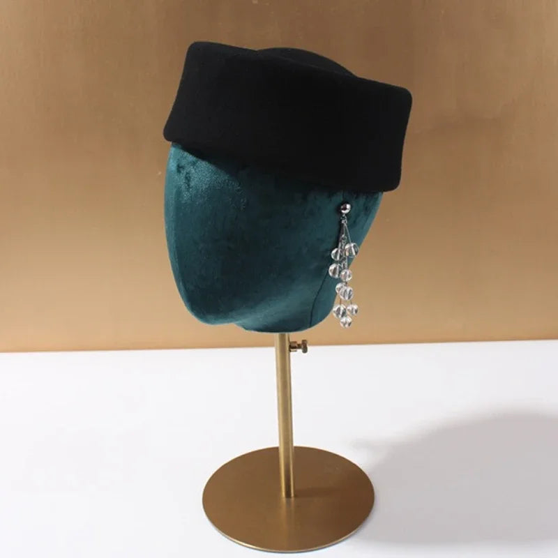 Women Wool Felt Berets Hat Vintage Hard Top Concave Top Fedoras Hats Wedding Fascinator Hats Wedding Cocktail Party Pillbox Cap