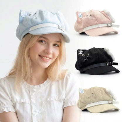 Cute Cat Ears Women's Beret Anime Cat Paw Pattern Newsboy Cap Japanese Style Sweet Baseball Cap Everyday Outfits