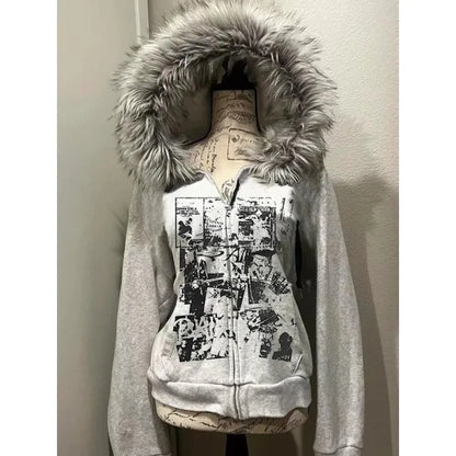 Gohic Vintage Sweatshirts Women's Jackets White Print Tunic Hooded Y2k Coat Streetwear Fashion Casual Hoodies Tops Ropa Mujer