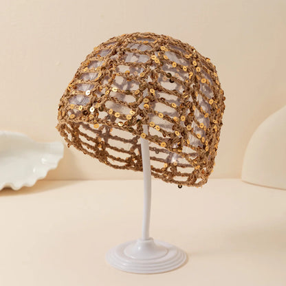 2026 New Korean Version Y2K Sequined Hollow Pullover Hat Women Summer Fishnet Knitted Hood Shiny Beanie Seaside Crochet Hat