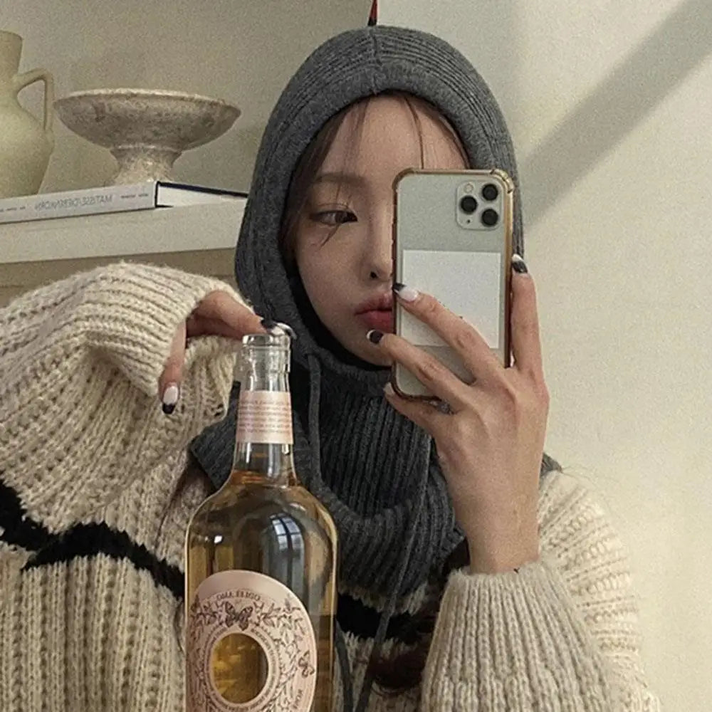 Knitted Soft Women Balaclava Hat Fashion Fake Collar Hooded Hat Neck Collar Warmer Beanies Cap Ear Protection Bonnet Hooded Caps