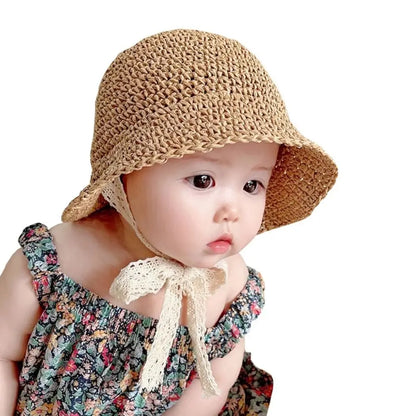 Fashion Lace Baby Hat Summer Straw Bow Baby Girl Cap Beach Children Panama Hat Princess Baby Hats and Caps for Kids 1PC