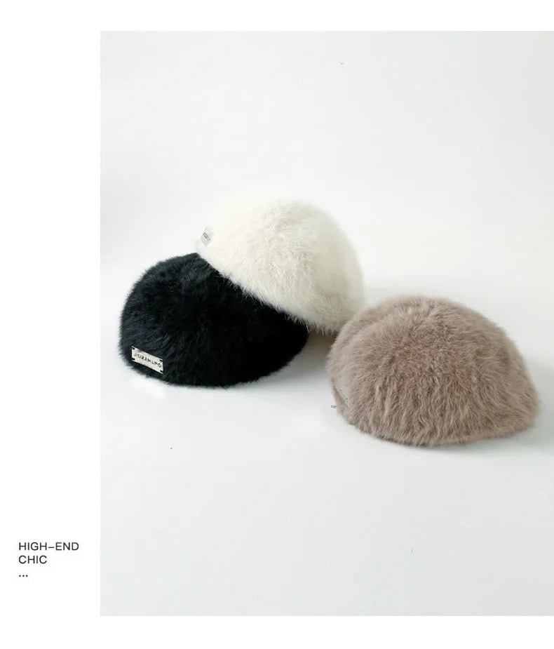 Women Reversible Rabbit Fur Beret Winter Warm Double Sided Knit Hat Retro Painter Cap for Oval Round Face