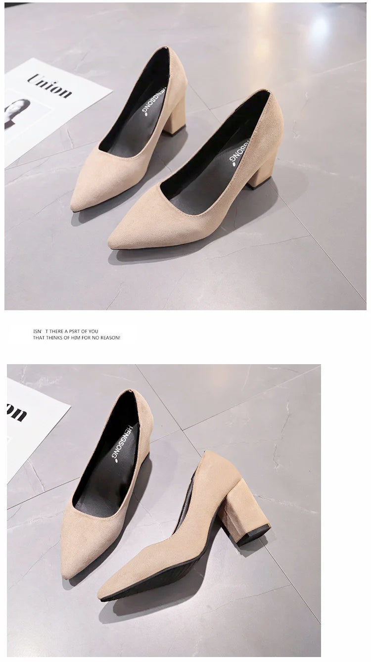 Autumn Shoes Woman Pumps Low Thick Heels Comfortable Women Work Shoes Flock Round Toe Casual Ladies Shoe sapato feminino WSH3183