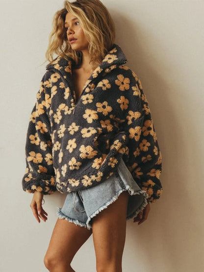 Wolfeel New Autumn Winter Women's Sherpa Floral Pullover Hoodies Half Zip Style Loose Fit Warm Stylish Sweatshirt