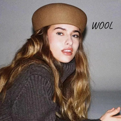 Women Wool Felt Berets Hat Vintage Hard Top Concave Top Fedoras Hats Wedding Fascinator Hats Wedding Cocktail Party Pillbox Cap