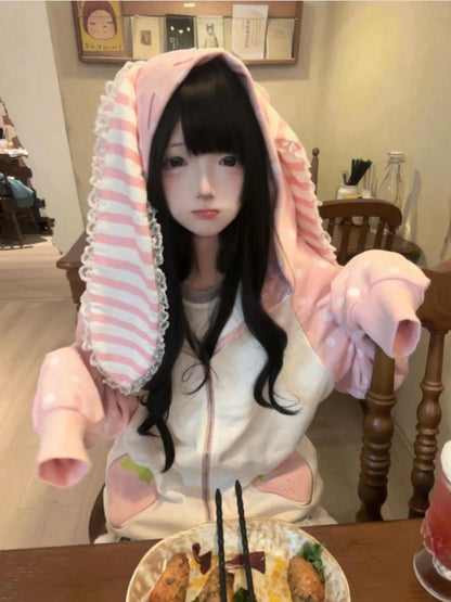 Japanese Kawaii Rabbit's Ears Hoodies Loose Polka Dot Patchwork Women Grunge Hoody Y2k Aesthetic Fairy Strawberry Sweatshirt