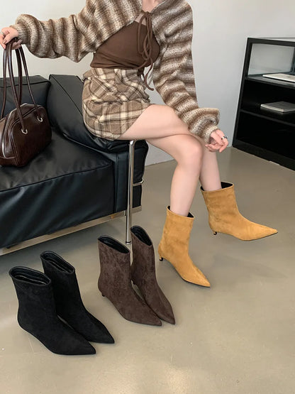 Autumn Winter Pointed Toe Ankle Boots Women Designer Vintage Thin Low Heel Shoes Modern SHort Botas Zapatos De Mujer