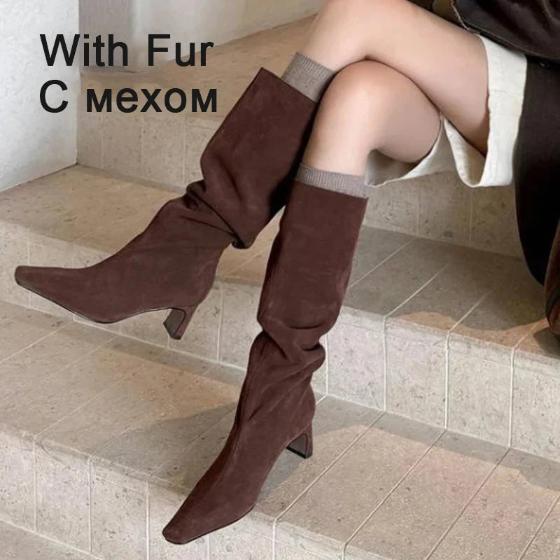 JOZHAMTA Size 34-43 2026 Women Real Leather Long Boots Fashion High Heels Shoes For Winter Boots Office Lady Daily Dress Shoes