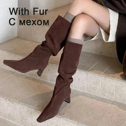 JOZHAMTA Size 34-43 2026 Women Real Leather Long Boots Fashion High Heels Shoes For Winter Boots Office Lady Daily Dress Shoes