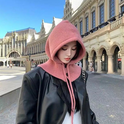 Knitted Hooded Caps Winter Balaclava Hats Women Korean Style Outdoor Warmer Drawstring Hats One-piece Neck Collar Beanies Cap