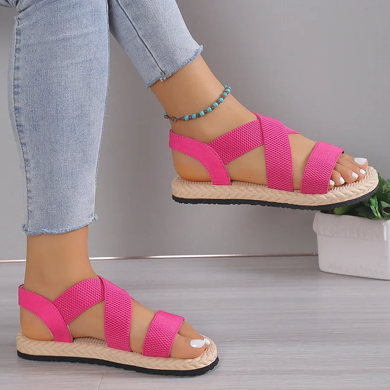 Fashion Women's Trend Anti-Slip Wear Comfortable Matching Color Sole Pure Black Shoelace Flat Sandals