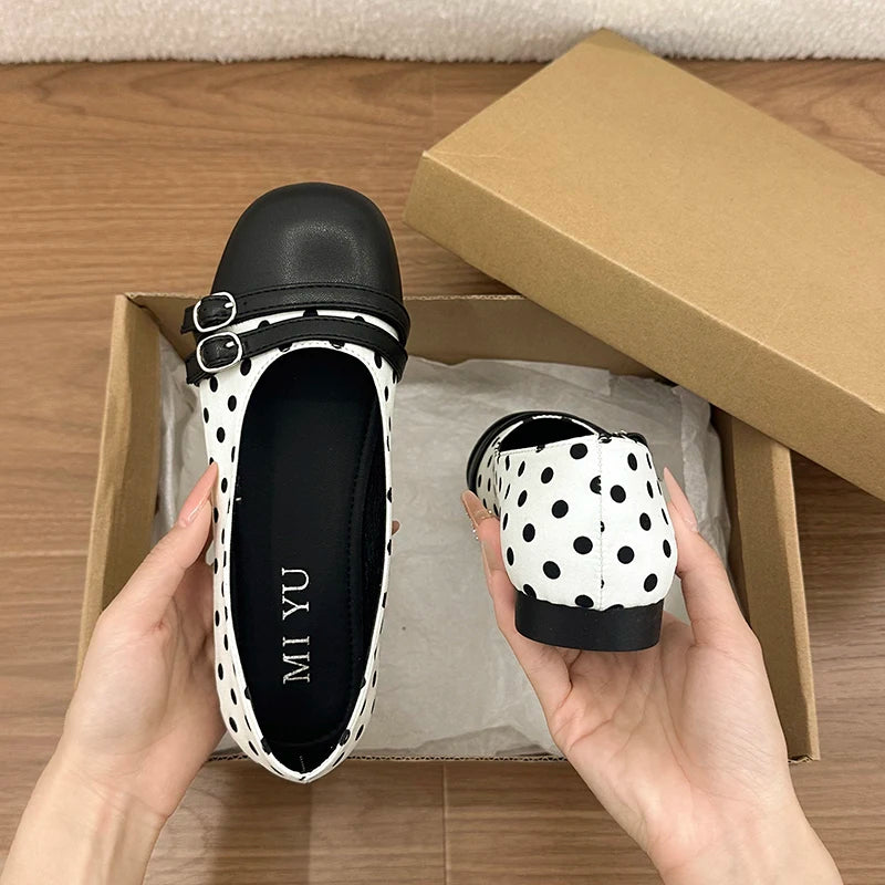 Polka Dot Women Ballet Flats Comfortable Round Toe Slip On Shoes 2026 New Spring Autumn Vintage Ladies Dress Mary Jane Shoes