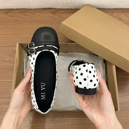 Polka Dot Women Ballet Flats Comfortable Round Toe Slip On Shoes 2026 New Spring Autumn Vintage Ladies Dress Mary Jane Shoes