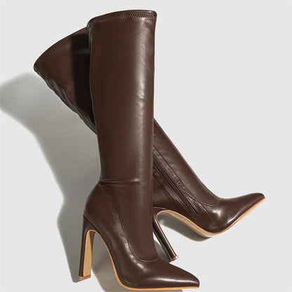 Hlieny Autumn Winter Women Knee-High Boots Fashion Pointed Toe High Heels Shoes Zipper Office Lady Long Botas De Mujer Size 42