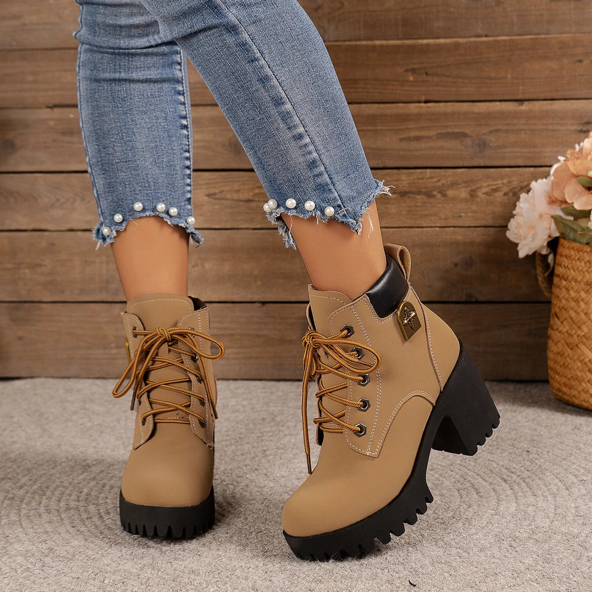 Women Retro Round Toe Chunky Heels Ankle Boots Autumn New High Heels Shoes Woman Lace Up Platform Fur Short Booties Big Size 42