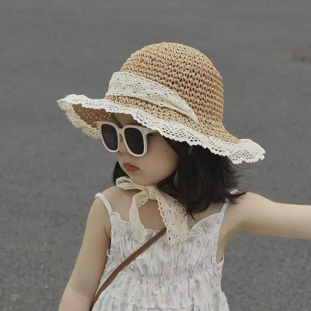 Fashion Lace Baby Hat Summer Straw Bow Baby Girl Cap Beach Children Panama Hat Princess Baby Hats and Caps for Kids 1PC