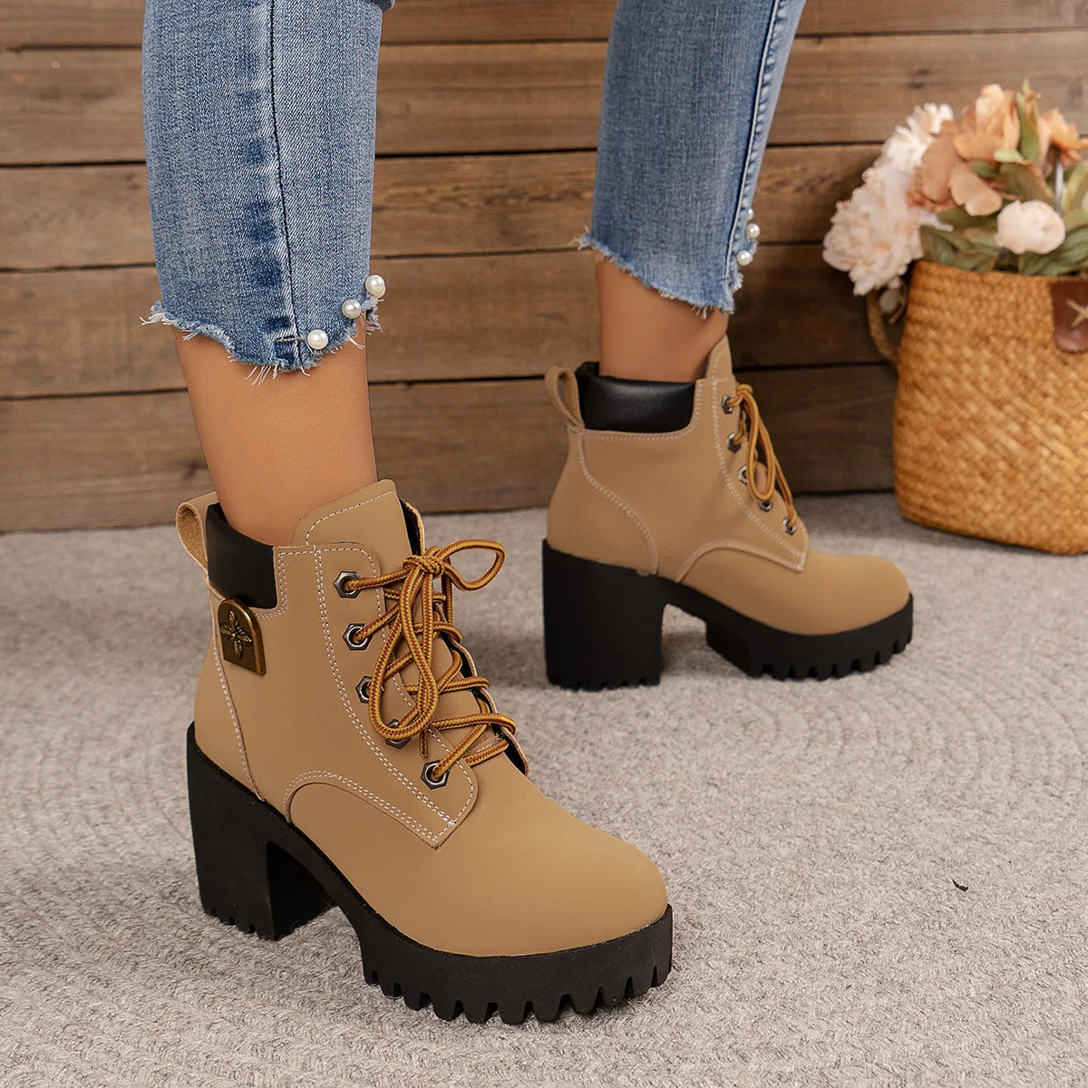Women Retro Round Toe Chunky Heels Ankle Boots Autumn New High Heels Shoes Woman Lace Up Platform Fur Short Booties Big Size 42