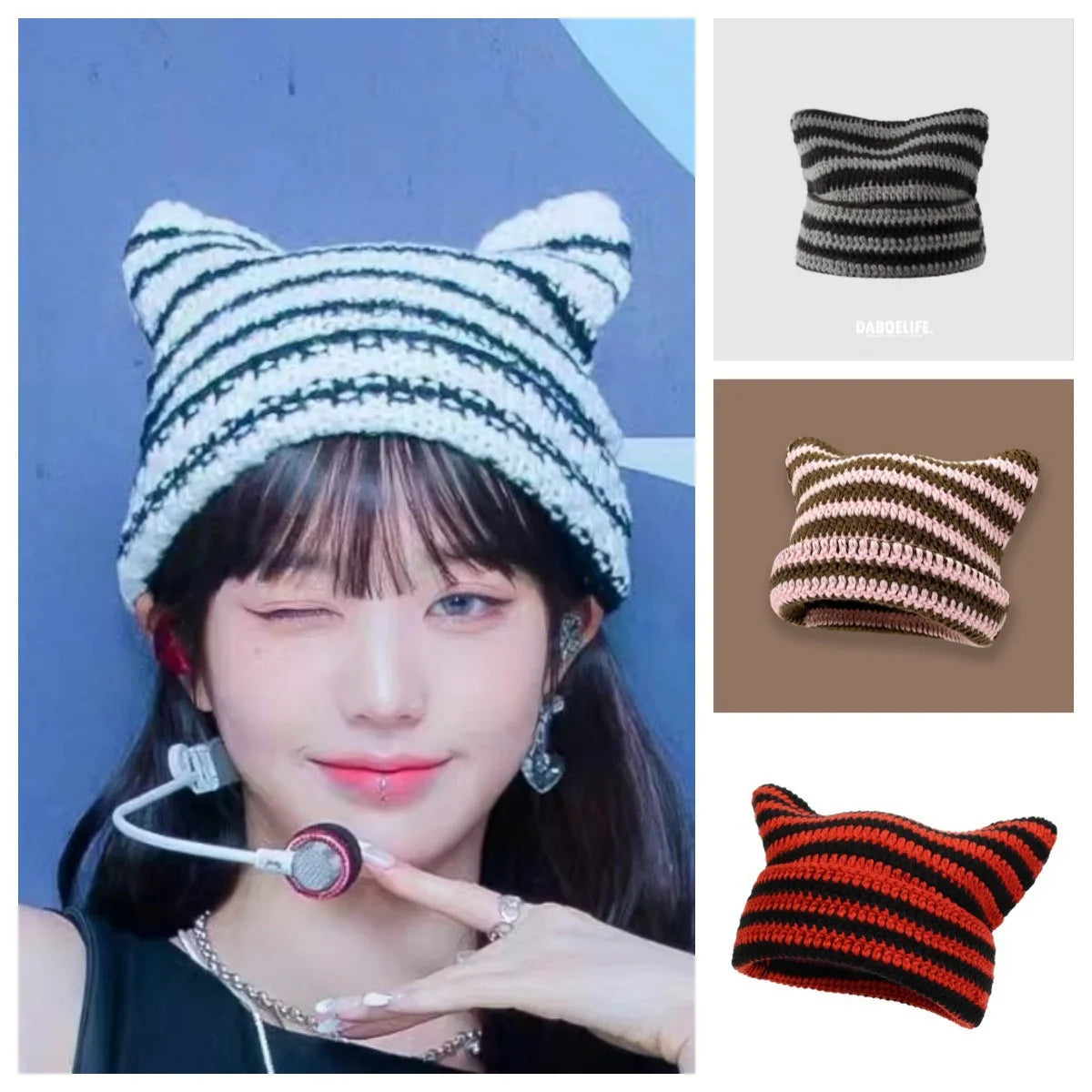 New Japanese Streetwear Harajuku Beanie Little Devil Striped Knitted Hat Women Girls Autumn Winter Cute Cat Ears Cap