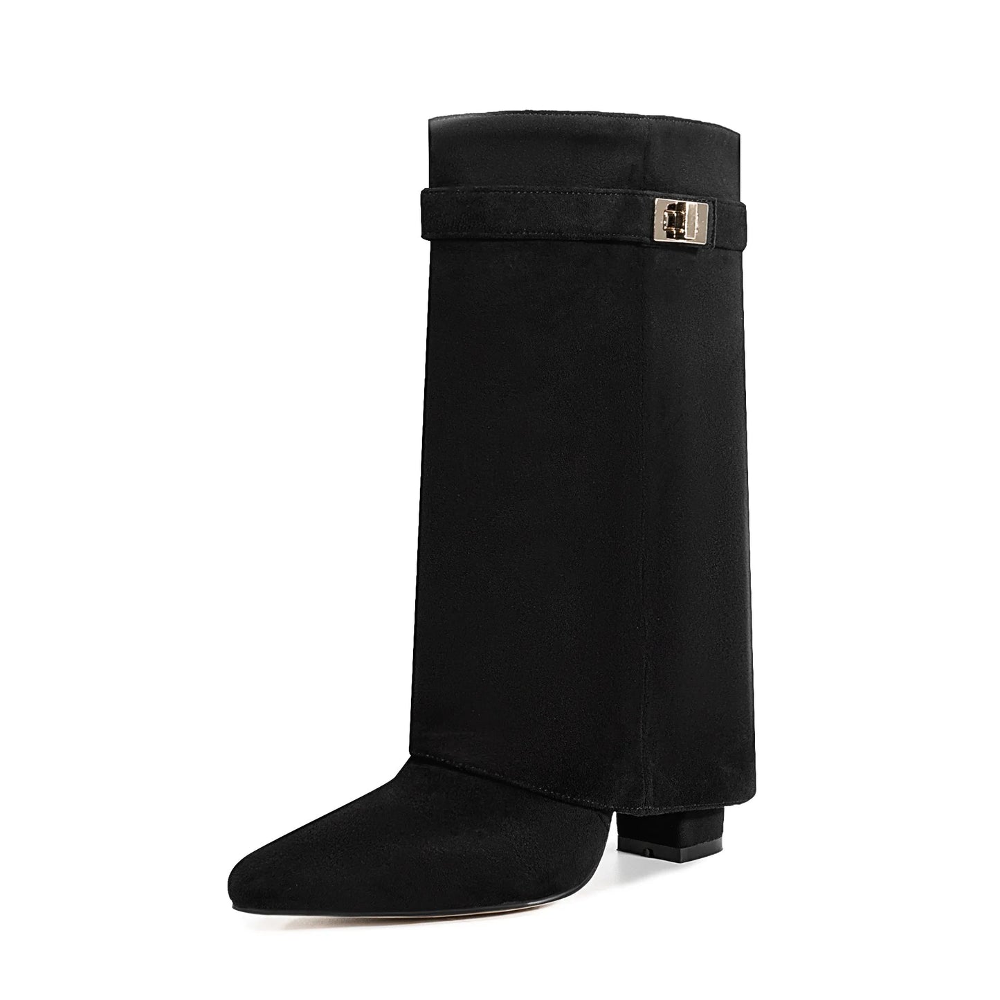 Autumn Winter New Pointed Metal Buckle Knee High Women's Boots, Thick High-heeled Pants Boots, Fashionable Mid Leg Boots