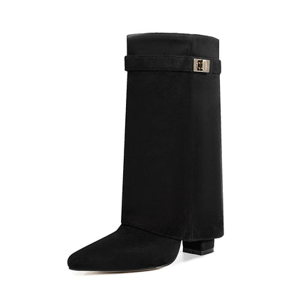 Autumn Winter New Pointed Metal Buckle Knee High Women's Boots, Thick High-heeled Pants Boots, Fashionable Mid Leg Boots