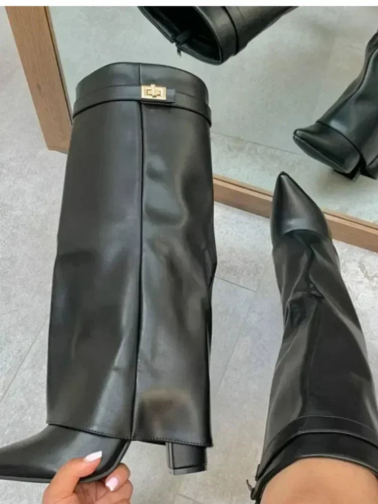 Autumn Winter New Pointed Metal Buckle Knee High Women's Boots, Thick High-heeled Pants Boots, Fashionable Mid Leg Boots
