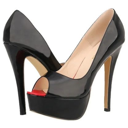 LOSLANDIFEN Women Pumps Sexy Peep Toe Platform 14cm Super High Heels Patent Leather Shoes Red Wedding Stilettos Large Size 44