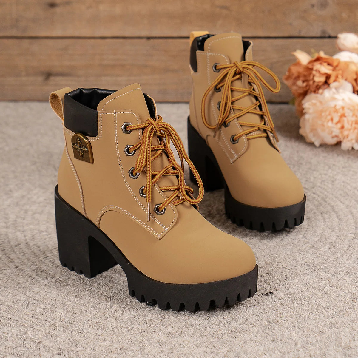 Women Retro Round Toe Chunky Heels Ankle Boots Autumn New High Heels Shoes Woman Lace Up Platform Fur Short Booties Big Size 42