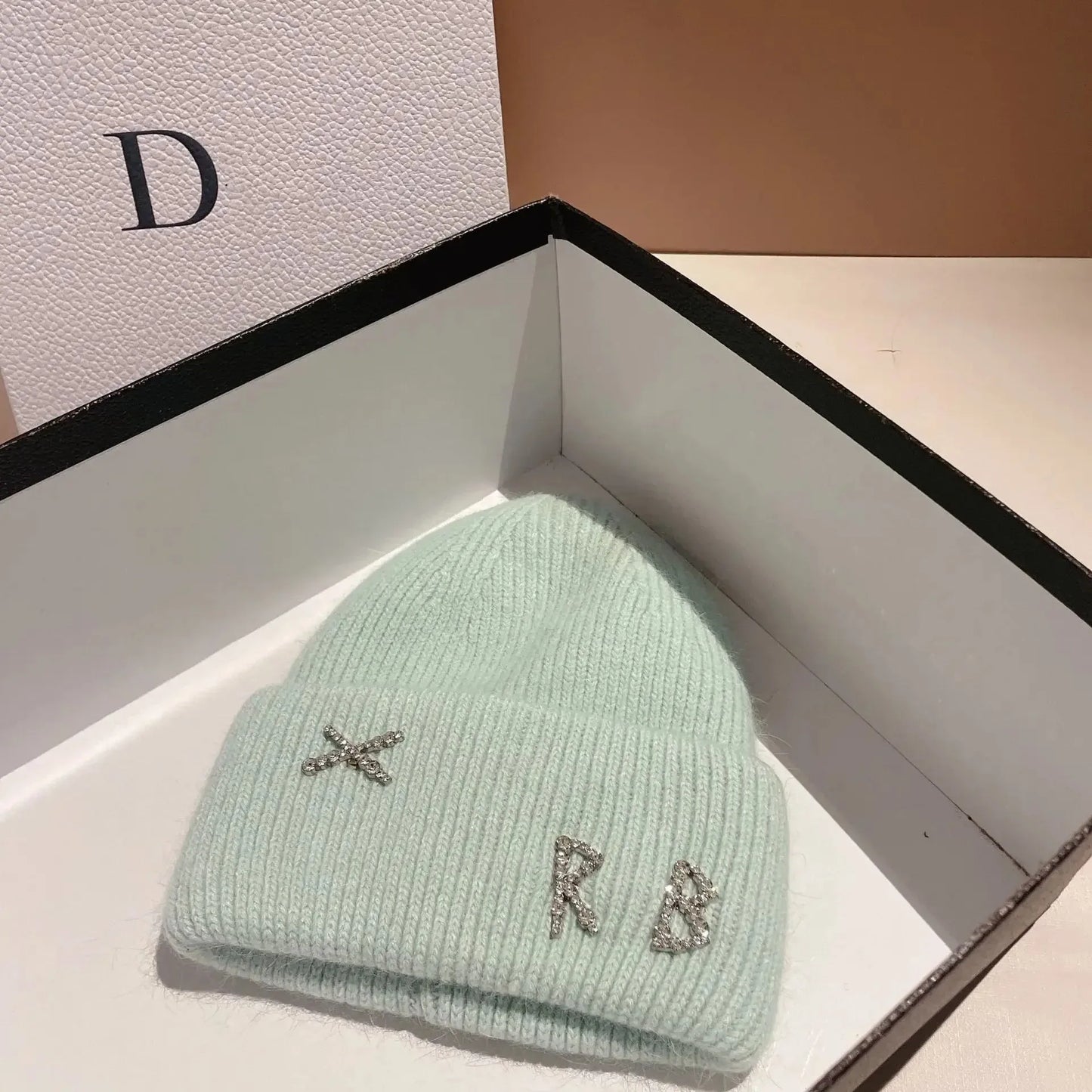 New Real fashion rabbit hair diamond letter hat Women's Winter warm knit hat Designer women's casual hat ski hat