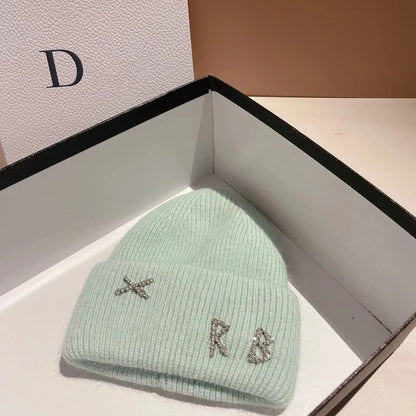 New Real fashion rabbit hair diamond letter hat Women's Winter warm knit hat Designer women's casual hat ski hat