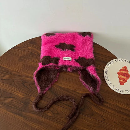 Winter Mink Velvet Fur Beanies for Women Men Cute Bear Ear Knitted Hat Crimped Straps Pullover Hat Hoody Balaclava Mom Gift