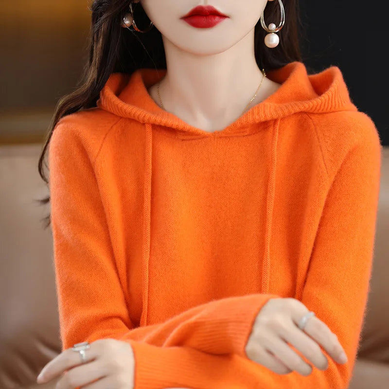 Hooded Sweater Fashion Women Autumn Winter Long Sleeve Solid Color Knitted Hoodies Lady Loose Drawstring Casual Pullover Hoodie
