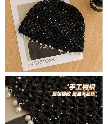Fashion Hollowed Out Woven Pullover Hats Crochet Breathable Beret Cap Pearl Fringed Retro Beanies Cap for Women Summer Korean