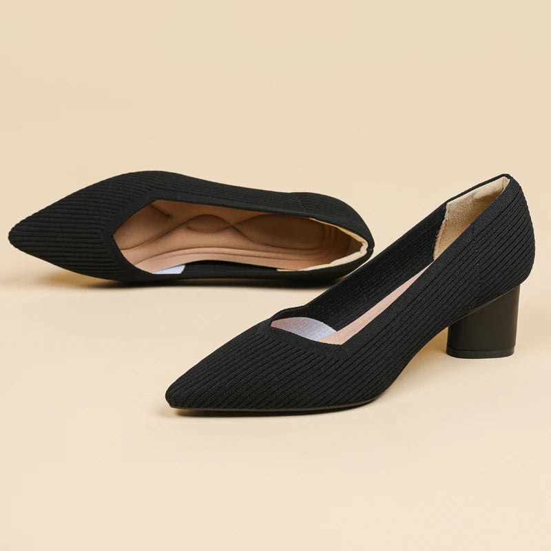 Women's high heels, pointed knit breathable and comfortable shoes (5cm high), new for autumn 2024