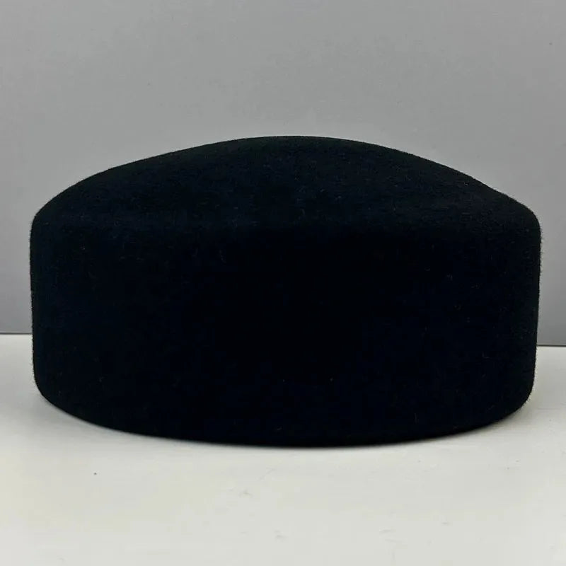 Women Wool Felt Berets Hat Vintage Hard Top Concave Top Fedoras Hats Wedding Fascinator Hats Wedding Cocktail Party Pillbox Cap