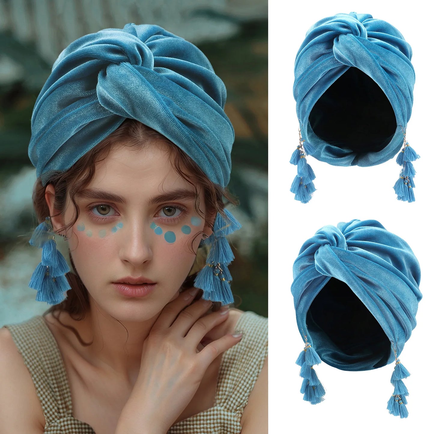 New Muslim Women Velvet Tassel Turban Hat Soft Stretch Bohemian Cross Pullover Bandana Headband Beanie Cap Islamic Head Wrap
