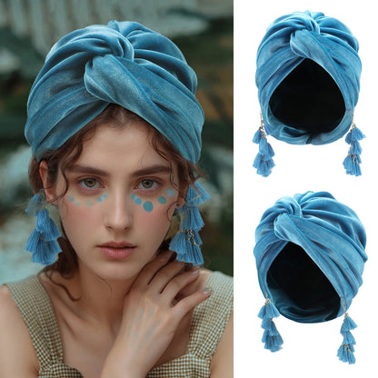 New Muslim Women Velvet Tassel Turban Hat Soft Stretch Bohemian Cross Pullover Bandana Headband Beanie Cap Islamic Head Wrap