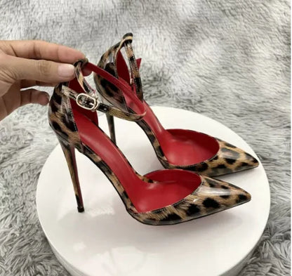 Red Background Leopard Print High-heeled Sandals with A Straight Buckle Thin Heel Pointed Toe Fashionable and Sexy Big Size 12CM