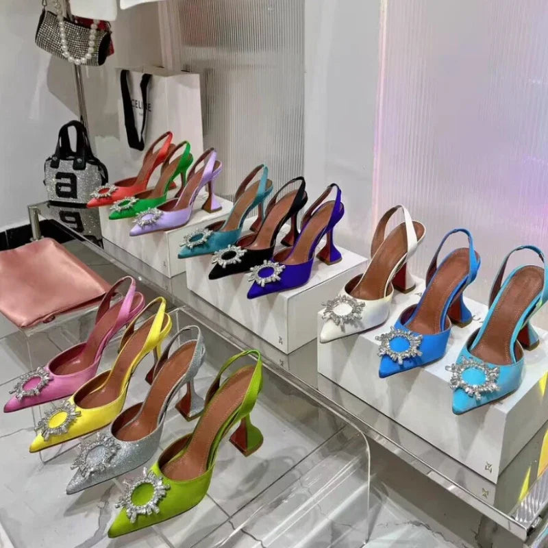 2026 Spring Autumn EU US Satin Slingback Women Sandals Pointed Flared Heels Sun Rhinestone Crystal Wedding Party Dress Heels