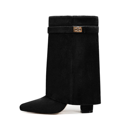 Autumn Winter New Pointed Metal Buckle Knee High Women's Boots, Thick High-heeled Pants Boots, Fashionable Mid Leg Boots