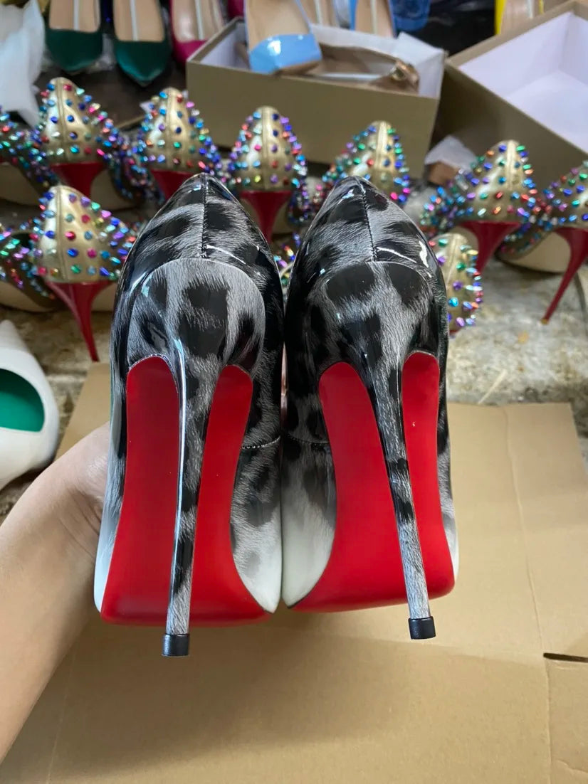 Red Background Leopard Print High-heeled Sandals with A Straight Buckle Thin Heel Pointed Toe Fashionable and Sexy Big Size 12CM