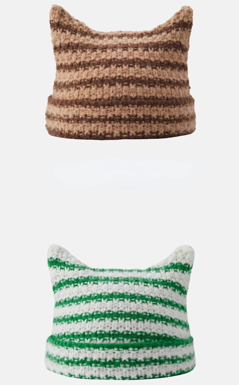 New Japanese Streetwear Harajuku Beanie Little Devil Striped Knitted Hat Women Girls Autumn Winter Cute Cat Ears Cap