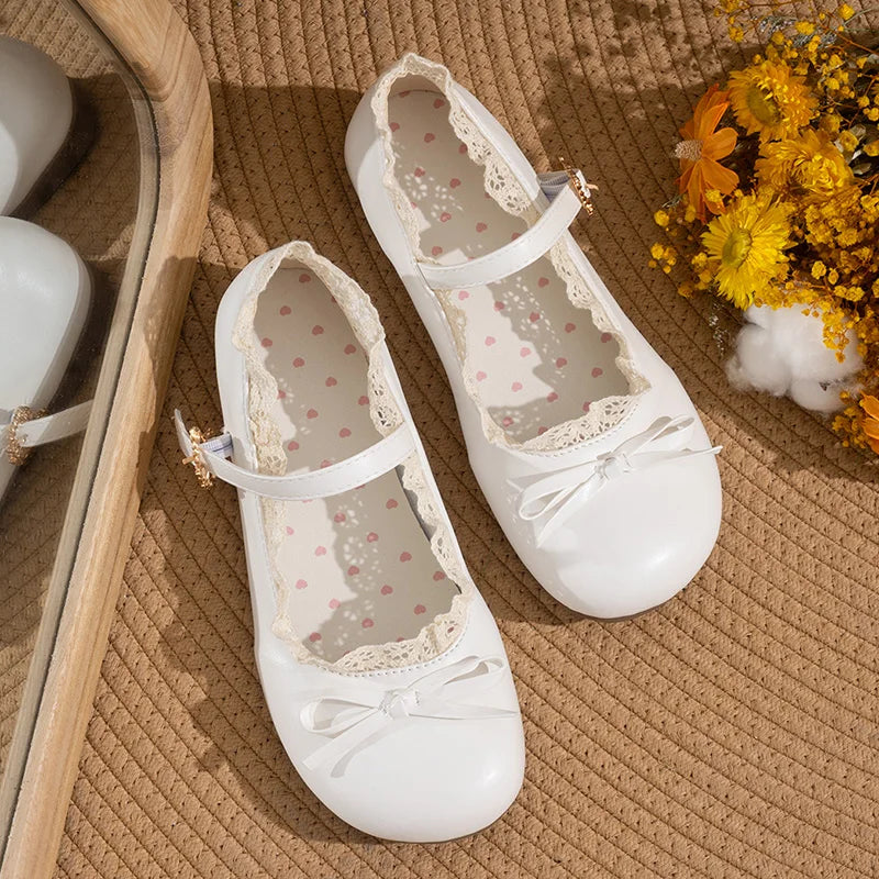 Spring Autumn Pink White Mary Janes Flat Shoes Woman Round Toe Buckle Strap Lolita Girls Student Ballet Flats Plus Size