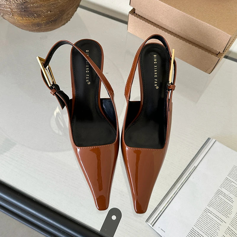 SUOJIALUN 2024 Spring New Band Women Pumps Shoes Fashion Shallow Slip On Slingback Sandals Thin High Heel Dress Sexy Pumps Shoes